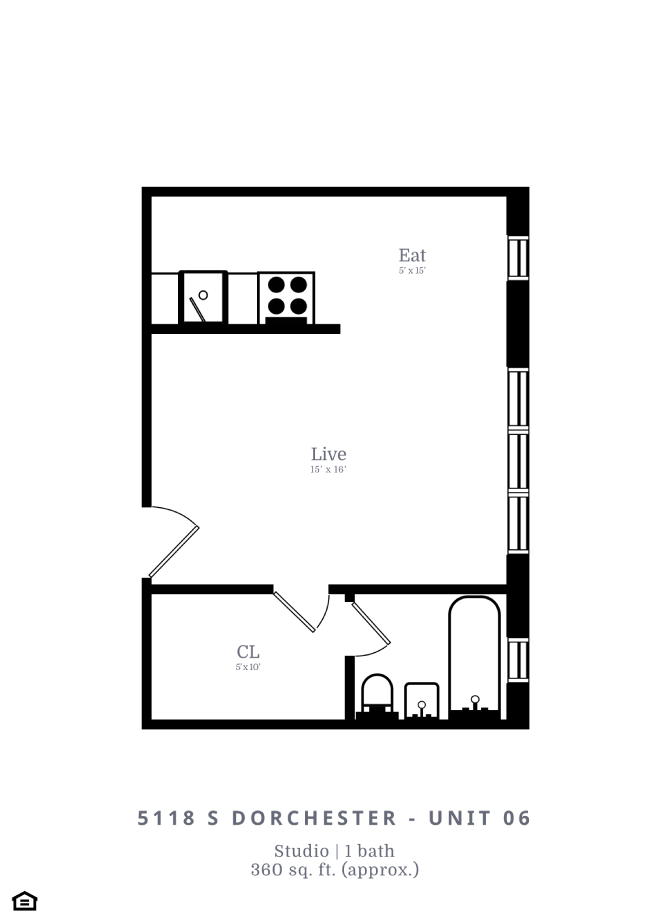 Floor plan for studio, 1 bath, 360 sqft